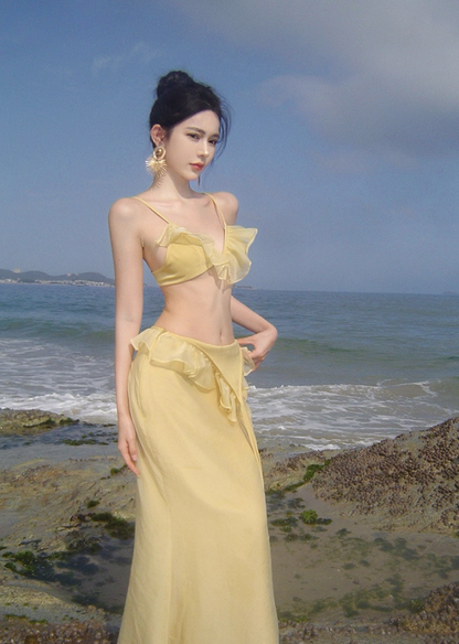 Ethereal Spaghetti Straps Mermaid Vacays OOTD Maxi Dress Alluring Ruffles Trim Yellow Long Dress AP3582