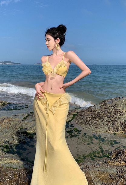 Ethereal Spaghetti Straps Mermaid Vacays OOTD Maxi Dress Alluring Ruffles Trim Yellow Long Dress AP3582