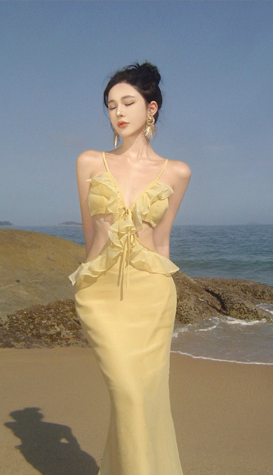 Ethereal Spaghetti Straps Mermaid Vacays OOTD Maxi Dress Alluring Ruffles Trim Yellow Long Dress AP3582