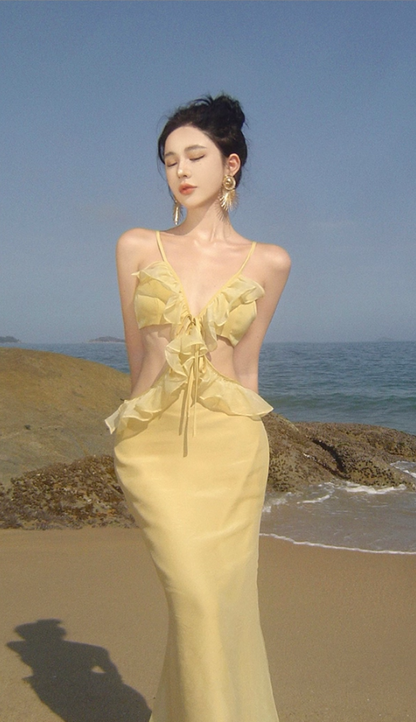 Ethereal Spaghetti Straps Mermaid Vacays OOTD Maxi Dress Alluring Ruffles Trim Yellow Long Dress AP3582