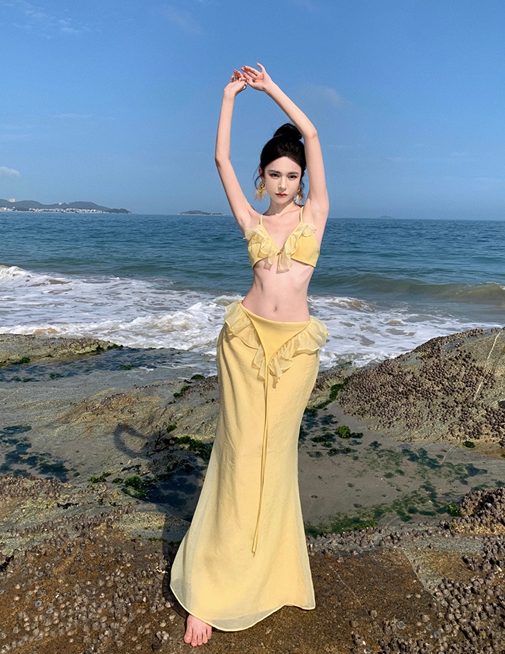 Ethereal Spaghetti Straps Mermaid Vacays OOTD Maxi Dress Alluring Ruffles Trim Yellow Long Dress AP3582