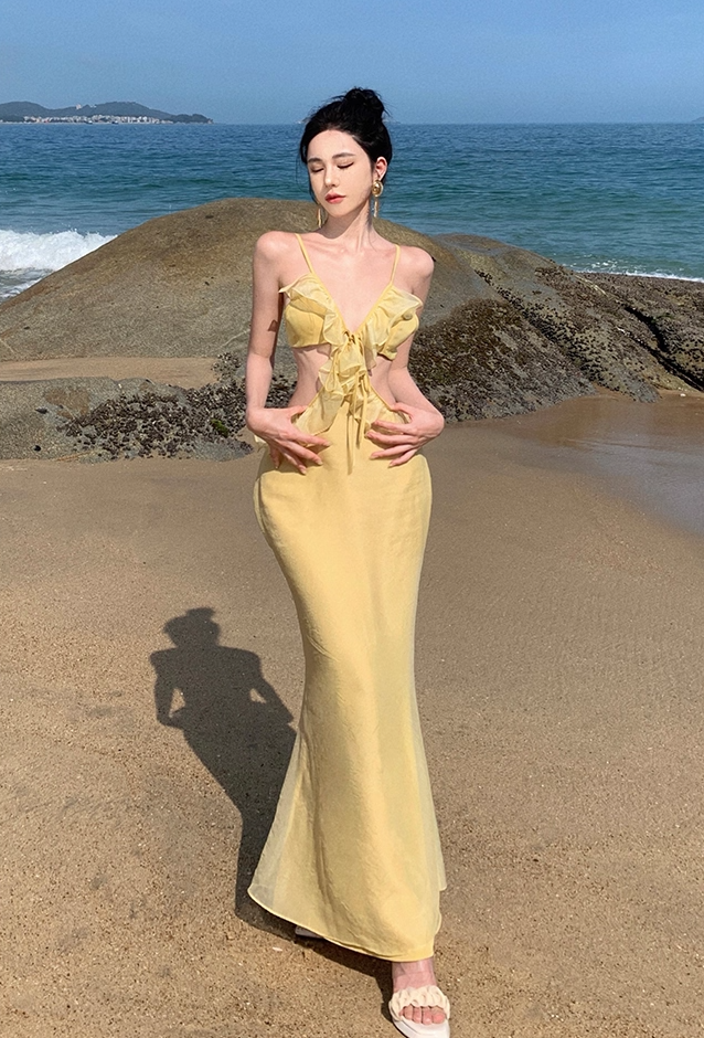 Ethereal Spaghetti Straps Mermaid Vacays OOTD Maxi Dress Alluring Ruffles Trim Yellow Long Dress AP3582