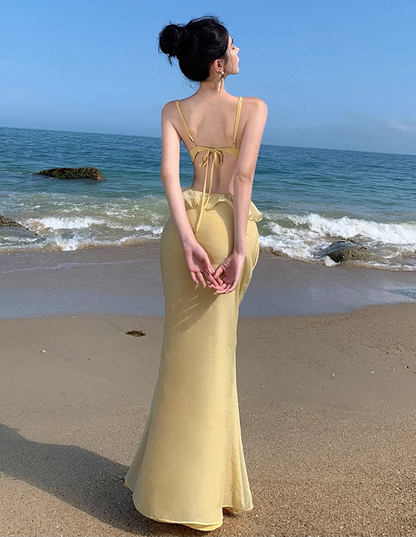 Ethereal Spaghetti Straps Mermaid Vacays OOTD Maxi Dress Alluring Ruffles Trim Yellow Long Dress AP3582