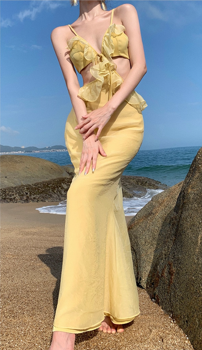 Ethereal Spaghetti Straps Mermaid Vacays OOTD Maxi Dress Alluring Ruffles Trim Yellow Long Dress AP3582