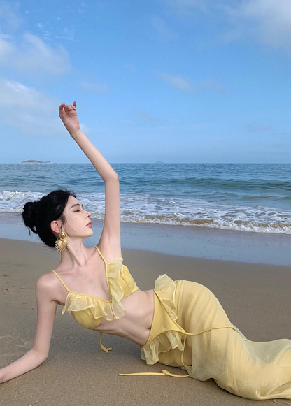 Ethereal Spaghetti Straps Mermaid Vacays OOTD Maxi Dress Alluring Ruffles Trim Yellow Long Dress AP3582