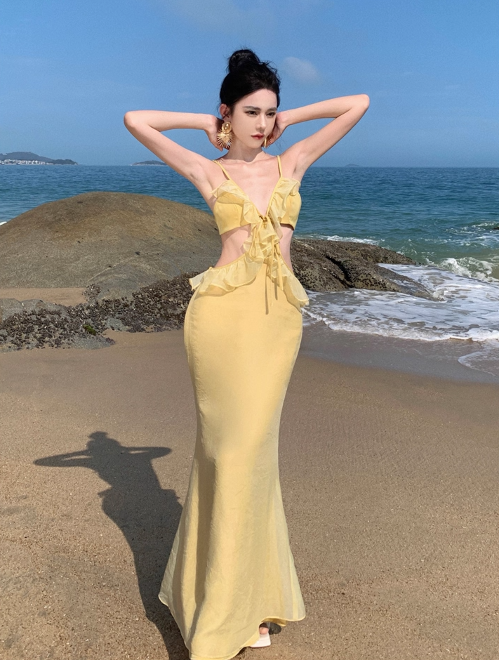 Ethereal Spaghetti Straps Mermaid Vacays OOTD Maxi Dress Alluring Ruffles Trim Yellow Long Dress AP3582