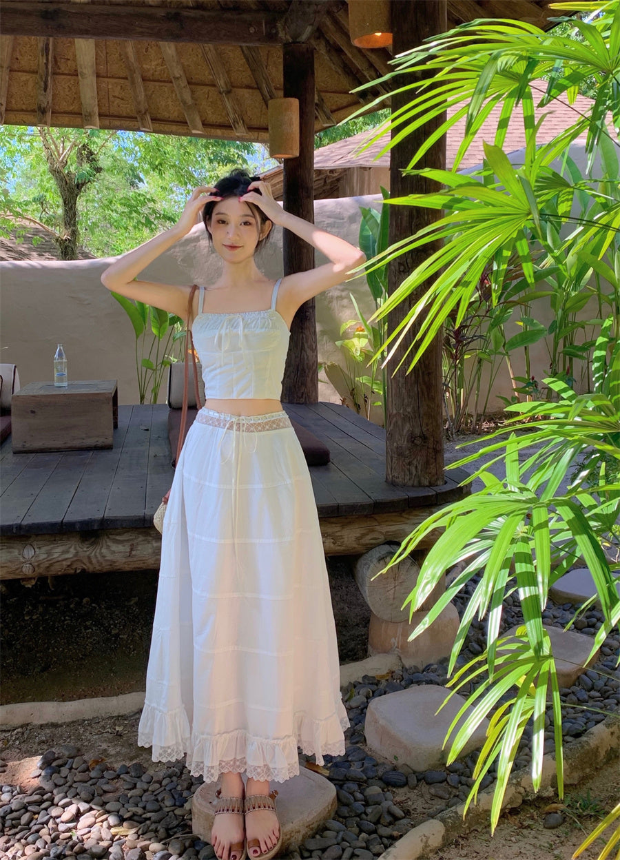 Dreamy 2-Piece Set A-Line White Maxi Dress Graceful Spaghetti Straps Cinched Bodice Lace Trim Long Dress AP3583