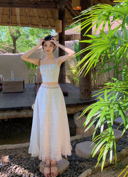 Dreamy 2-Piece Set A-Line White Maxi Dress Graceful Spaghetti Straps Cinched Bodice Lace Trim Long Dress AP3583