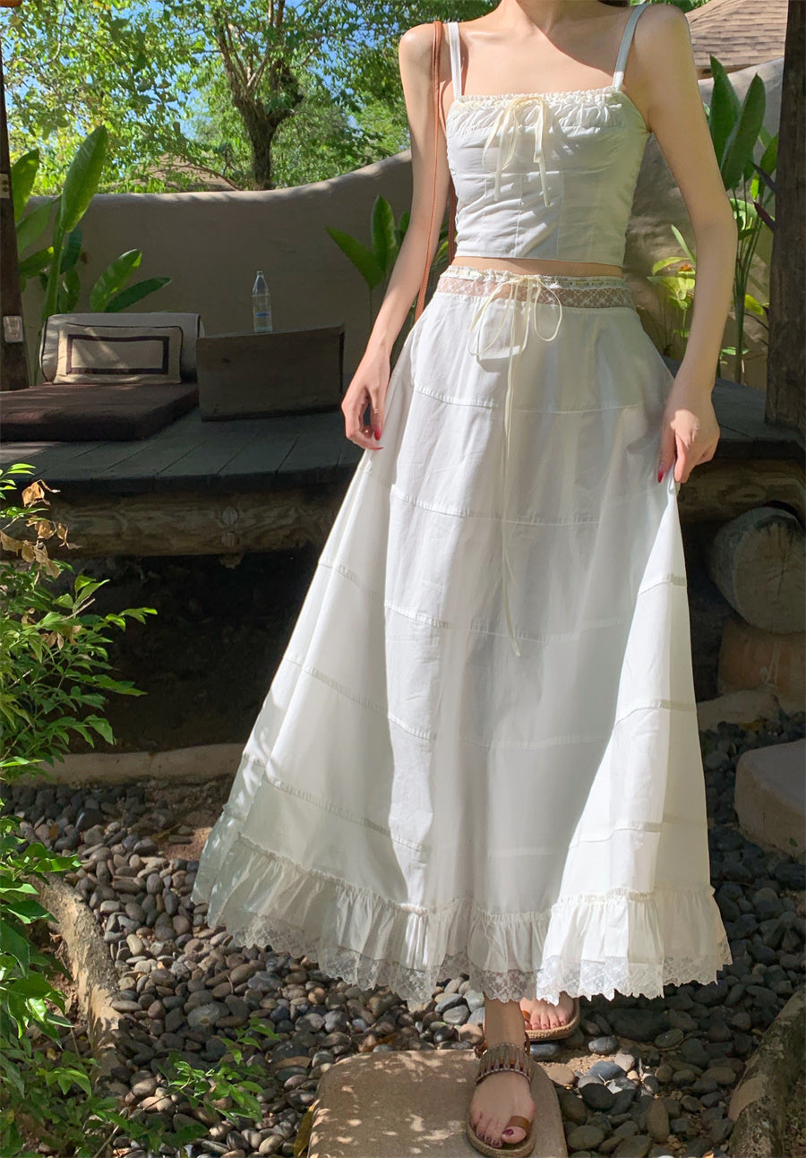 Dreamy 2-Piece Set A-Line White Maxi Dress Graceful Spaghetti Straps Cinched Bodice Lace Trim Long Dress AP3583