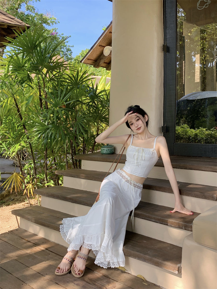 Dreamy 2-Piece Set A-Line White Maxi Dress Graceful Spaghetti Straps Cinched Bodice Lace Trim Long Dress AP3583