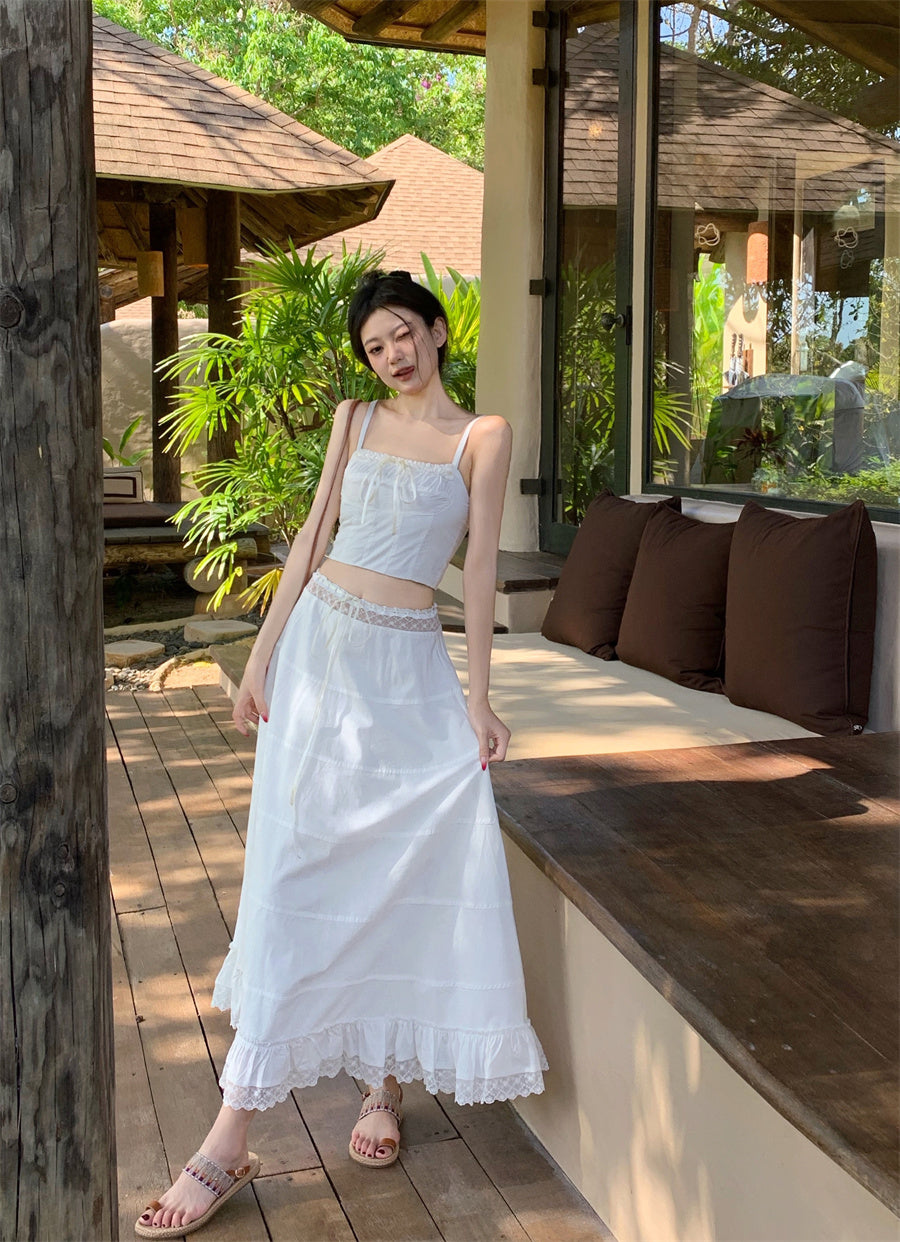 Dreamy 2-Piece Set A-Line White Maxi Dress Graceful Spaghetti Straps Cinched Bodice Lace Trim Long Dress AP3583