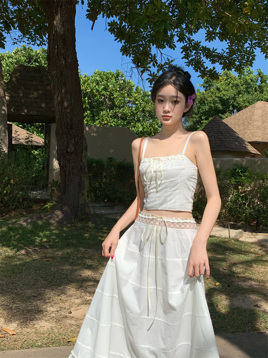 Dreamy 2-Piece Set A-Line White Maxi Dress Graceful Spaghetti Straps Cinched Bodice Lace Trim Long Dress AP3583