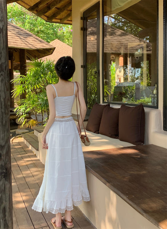 Dreamy 2-Piece Set A-Line White Maxi Dress Graceful Spaghetti Straps Cinched Bodice Lace Trim Long Dress AP3583