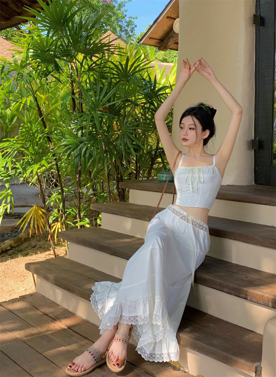 Dreamy 2-Piece Set A-Line White Maxi Dress Graceful Spaghetti Straps Cinched Bodice Lace Trim Long Dress AP3583