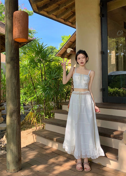 Dreamy 2-Piece Set A-Line White Maxi Dress Graceful Spaghetti Straps Cinched Bodice Lace Trim Long Dress AP3583