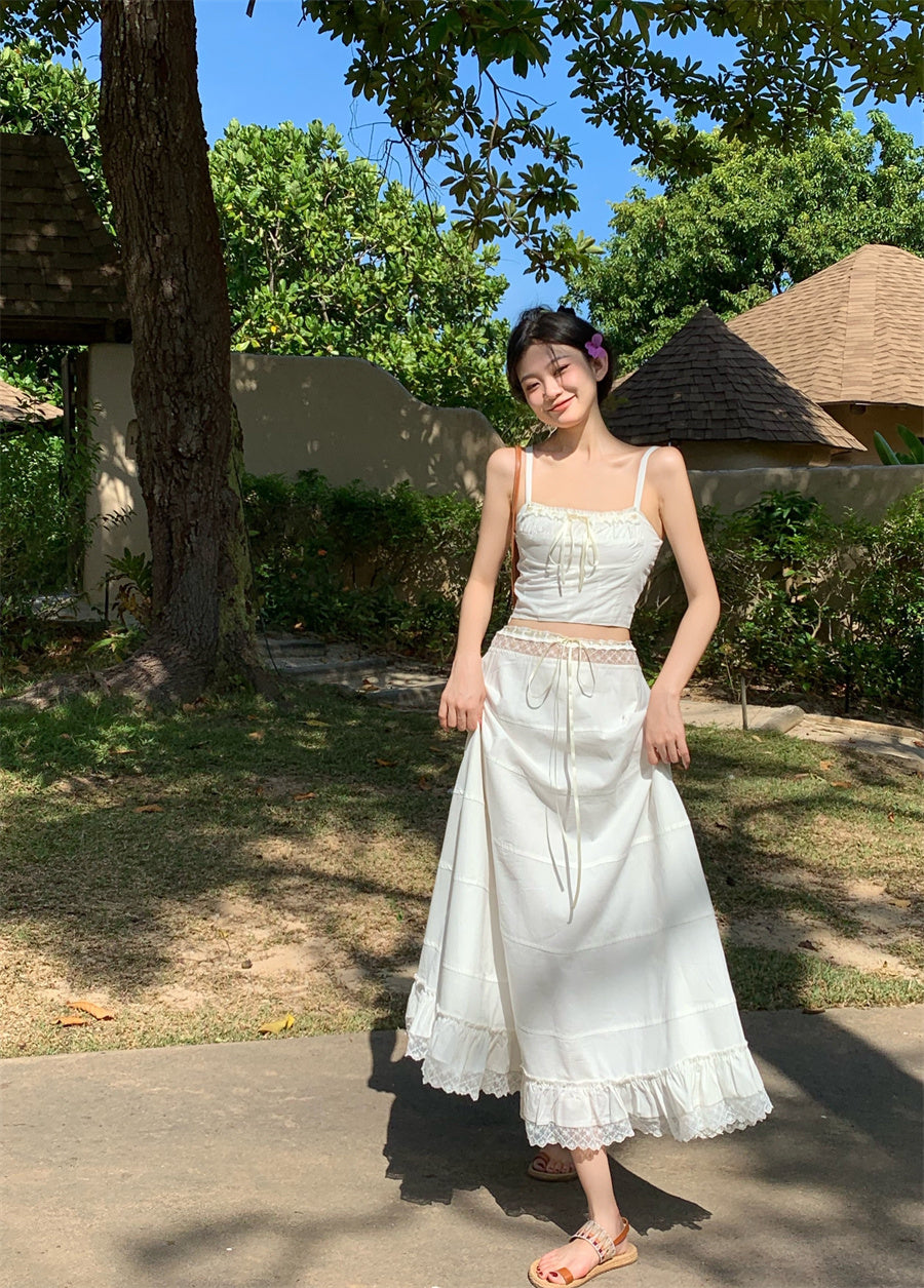 Dreamy 2-Piece Set A-Line White Maxi Dress Graceful Spaghetti Straps Cinched Bodice Lace Trim Long Dress AP3583