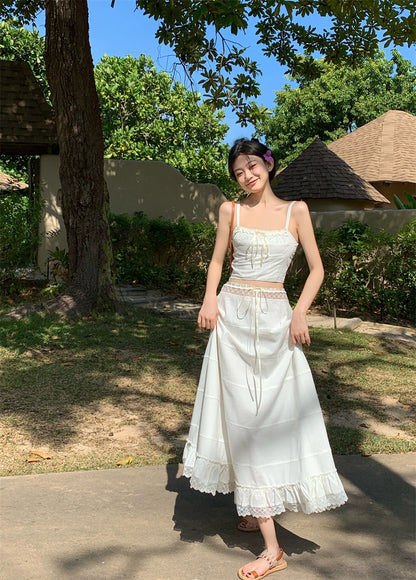 Dreamy 2-Piece Set A-Line White Maxi Dress Graceful Spaghetti Straps Cinched Bodice Lace Trim Long Dress AP3583