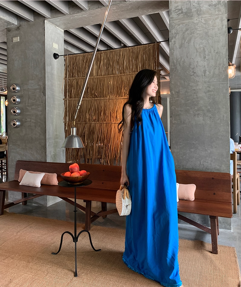 Artistic A-Line Loose Fit Blue Evening Maxi Dress Minimalism Sleeveless Casual Halter Long Dress AP3584