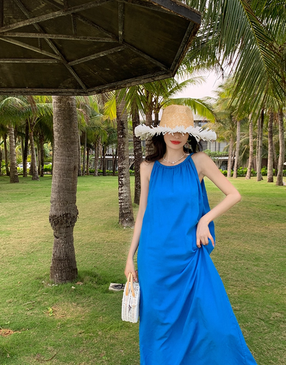 Artistic A-Line Loose Fit Blue Evening Maxi Dress Minimalism Sleeveless Casual Halter Long Dress AP3584