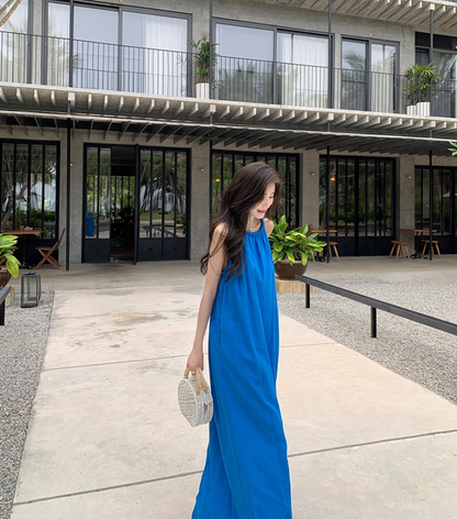 Artistic A-Line Loose Fit Blue Evening Maxi Dress Minimalism Sleeveless Casual Halter Long Dress AP3584