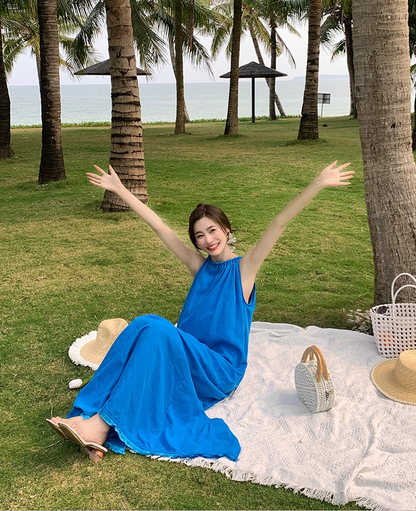 Artistic A-Line Loose Fit Blue Evening Maxi Dress Minimalism Sleeveless Casual Halter Long Dress AP3584