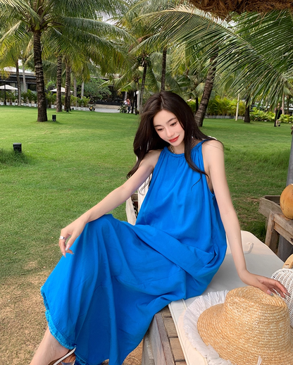 Artistic A-Line Loose Fit Blue Evening Maxi Dress Minimalism Sleeveless Casual Halter Long Dress AP3584