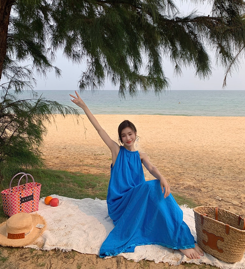 Artistic A-Line Loose Fit Blue Evening Maxi Dress Minimalism Sleeveless Casual Halter Long Dress AP3584