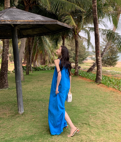 Artistic A-Line Loose Fit Blue Evening Maxi Dress Minimalism Sleeveless Casual Halter Long Dress AP3584