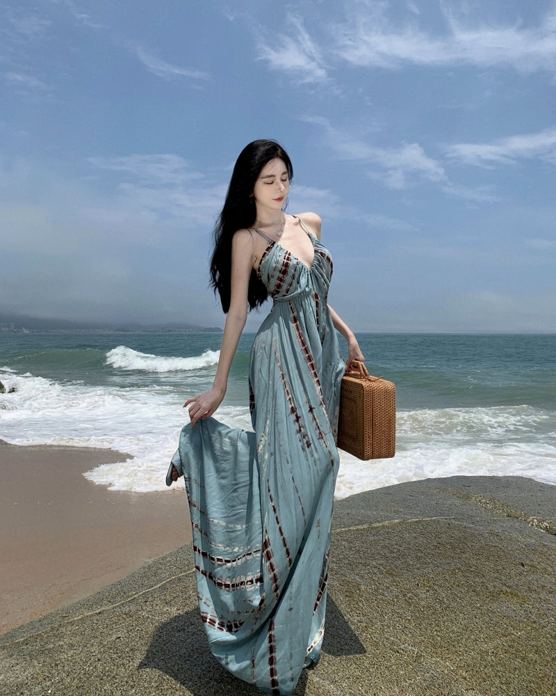 Cute A-Line Deep V Neck Maxi Dress Boho-Style Spaghetti Straps Cinched-Waist Flowy Hem Long Dress AP3586