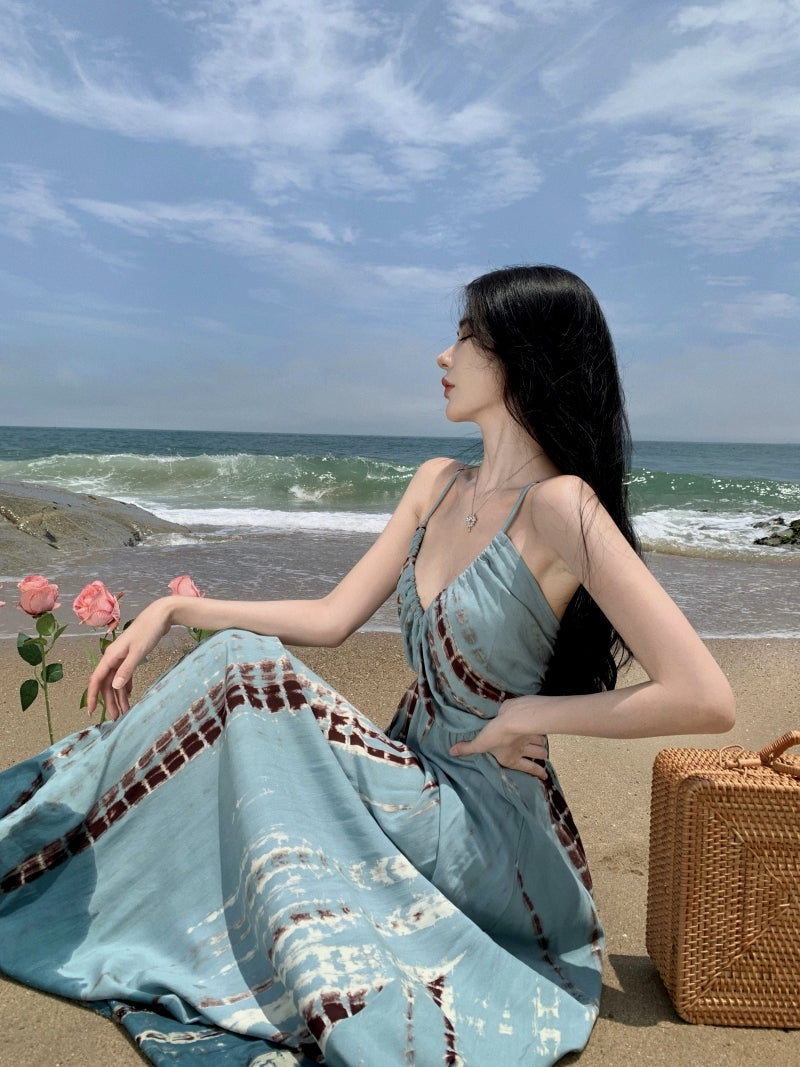 Cute A-Line Deep V Neck Maxi Dress Boho-Style Spaghetti Straps Cinched-Waist Flowy Hem Long Dress AP3586