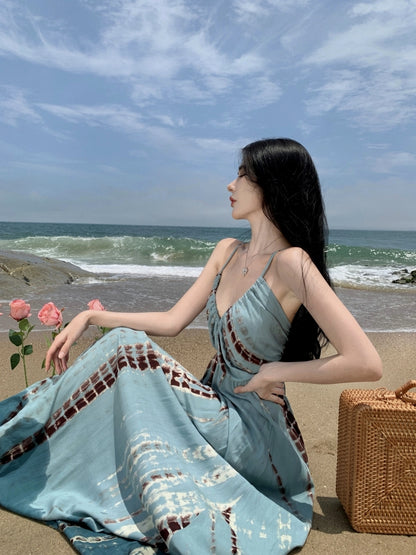 Cute A-Line Deep V Neck Maxi Dress Boho-Style Spaghetti Straps Cinched-Waist Flowy Hem Long Dress AP3586