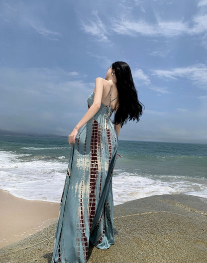 Cute A-Line Deep V Neck Maxi Dress Boho-Style Spaghetti Straps Cinched-Waist Flowy Hem Long Dress AP3586