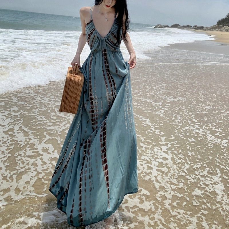 Cute A-Line Deep V Neck Maxi Dress Boho-Style Spaghetti Straps Cinched-Waist Flowy Hem Long Dress AP3586