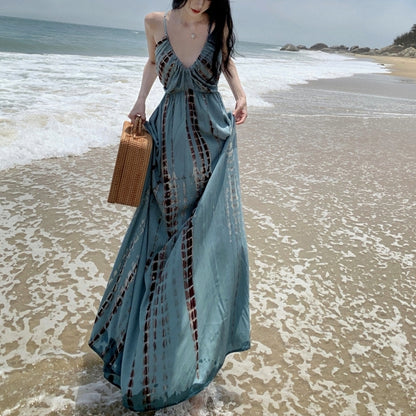 Cute A-Line Deep V Neck Maxi Dress Boho-Style Spaghetti Straps Cinched-Waist Flowy Hem Long Dress AP3586