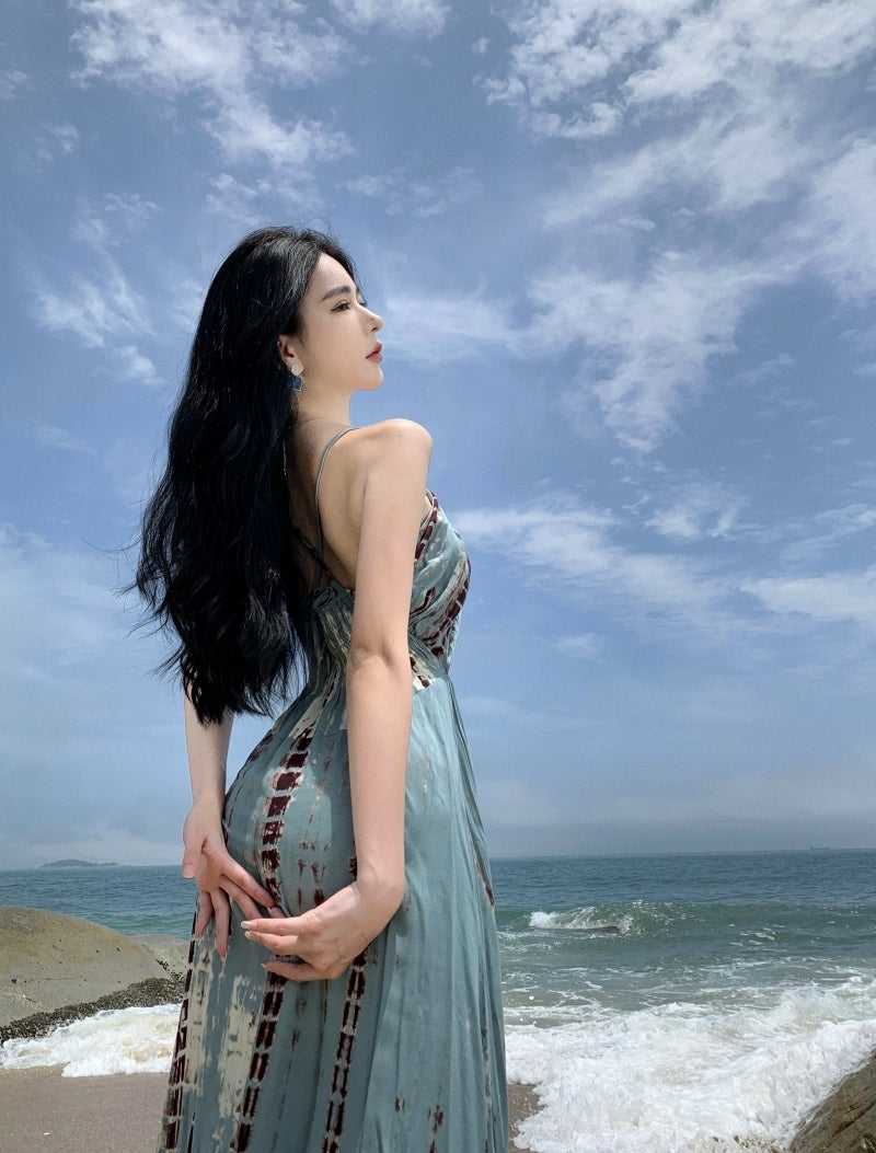 Cute A-Line Deep V Neck Maxi Dress Boho-Style Spaghetti Straps Cinched-Waist Flowy Hem Long Dress AP3586