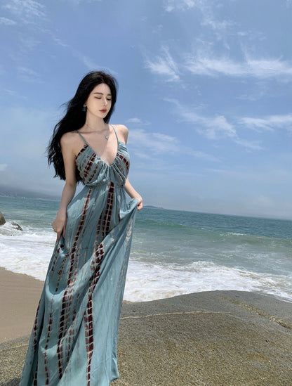 Cute A-Line Deep V Neck Maxi Dress Boho-Style Spaghetti Straps Cinched-Waist Flowy Hem Long Dress AP3586