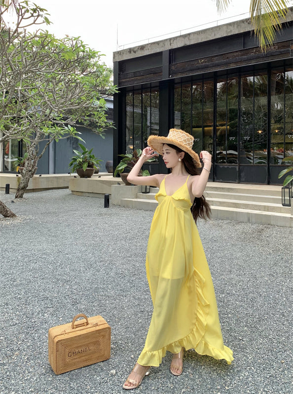 Sweet A-Line Asymmetric Ruffles Hem Maxi Dress Glam Spaghetti Straps Yellow Flowy Crisscross Back Long Dress AP3587