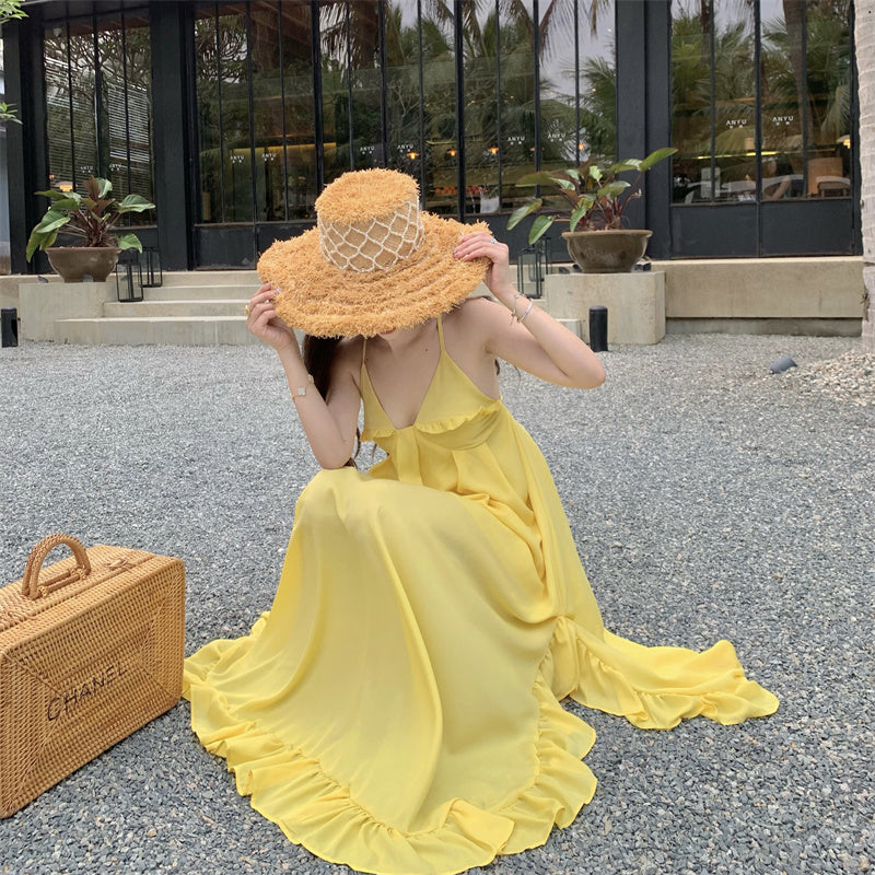 Sweet A-Line Asymmetric Ruffles Hem Maxi Dress Glam Spaghetti Straps Yellow Flowy Crisscross Back Long Dress AP3587