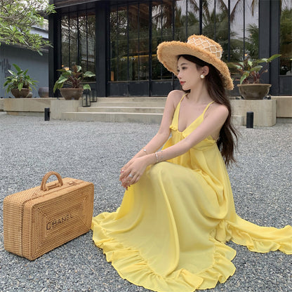 Sweet A-Line Asymmetric Ruffles Hem Maxi Dress Glam Spaghetti Straps Yellow Flowy Crisscross Back Long Dress AP3587