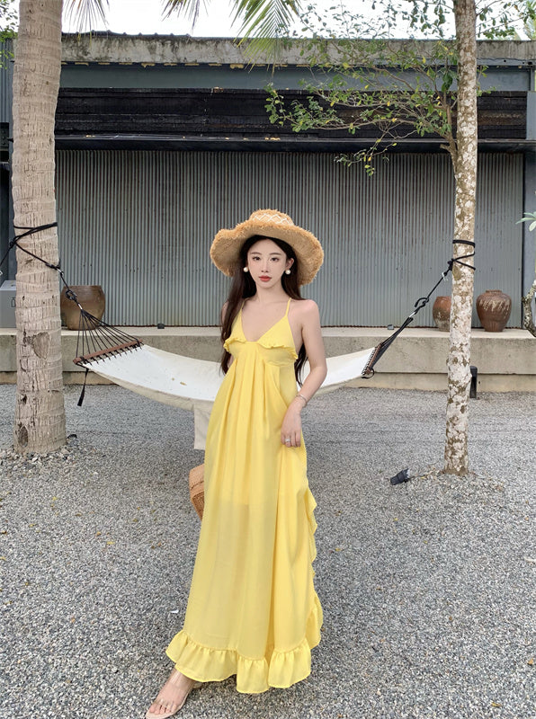 Sweet A-Line Asymmetric Ruffles Hem Maxi Dress Glam Spaghetti Straps Yellow Flowy Crisscross Back Long Dress AP3587