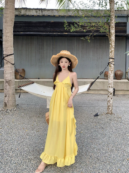 Sweet A-Line Asymmetric Ruffles Hem Maxi Dress Glam Spaghetti Straps Yellow Flowy Crisscross Back Long Dress AP3587