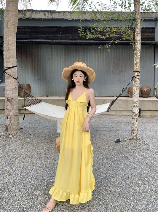 Sweet A-Line Asymmetric Ruffles Hem Maxi Dress Glam Spaghetti Straps Yellow Flowy Crisscross Back Long Dress AP3587