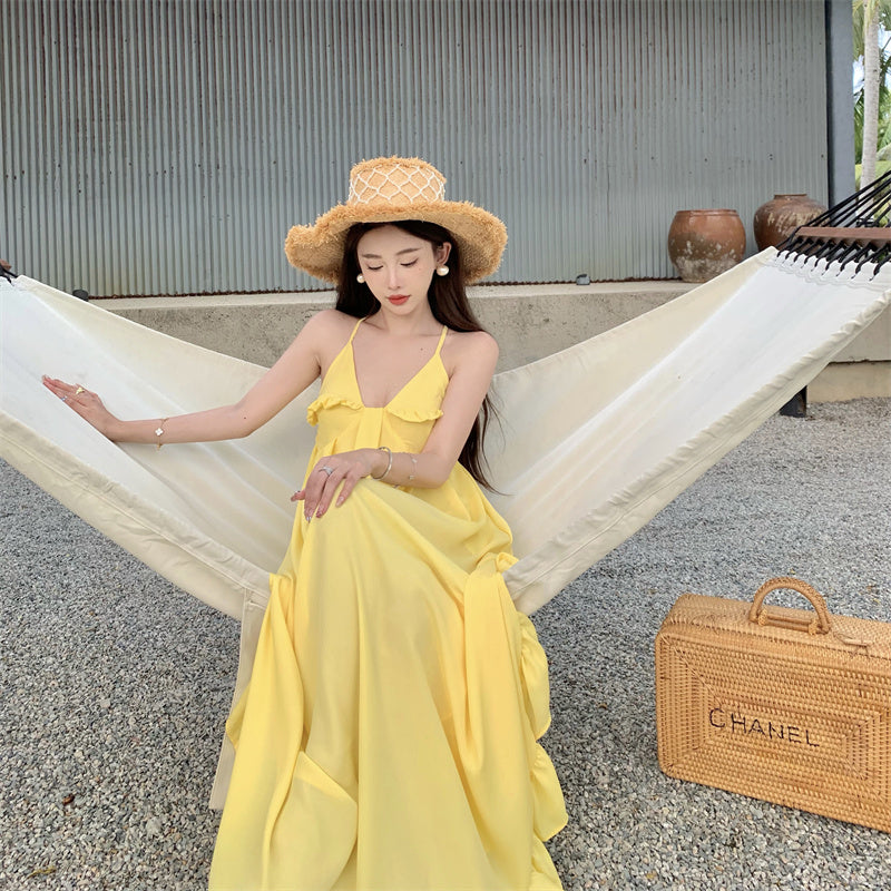 Sweet A-Line Asymmetric Ruffles Hem Maxi Dress Glam Spaghetti Straps Yellow Flowy Crisscross Back Long Dress AP3587