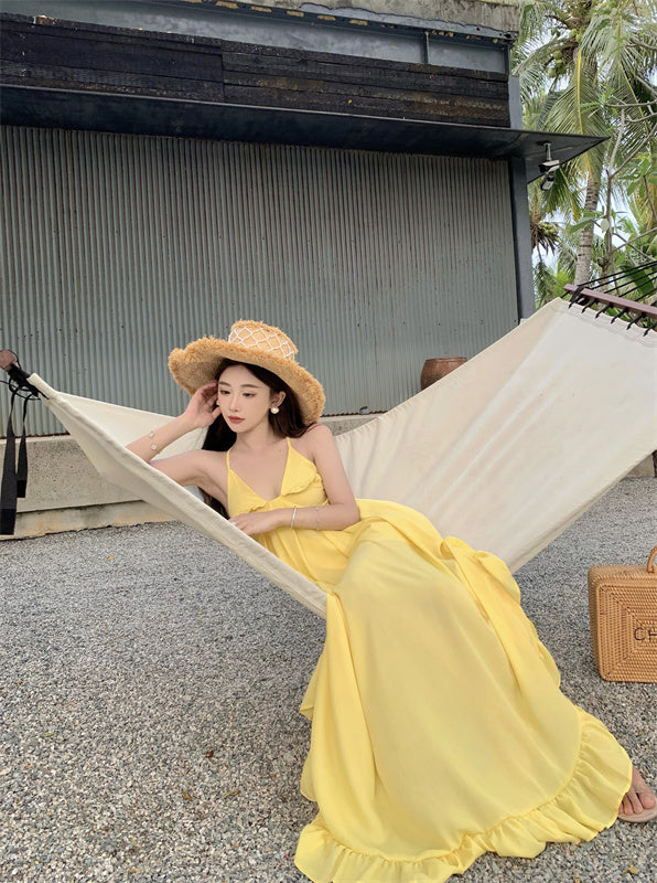 Sweet A-Line Asymmetric Ruffles Hem Maxi Dress Glam Spaghetti Straps Yellow Flowy Crisscross Back Long Dress AP3587