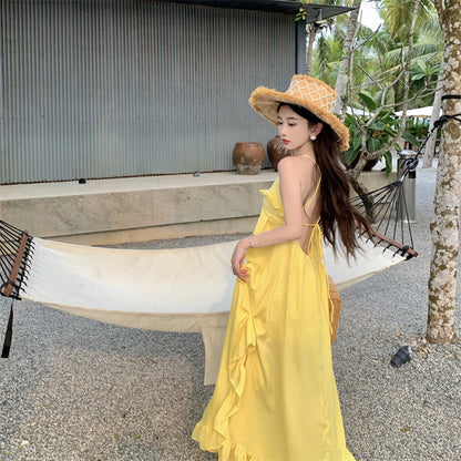 Sweet A-Line Asymmetric Ruffles Hem Maxi Dress Glam Spaghetti Straps Yellow Flowy Crisscross Back Long Dress AP3587