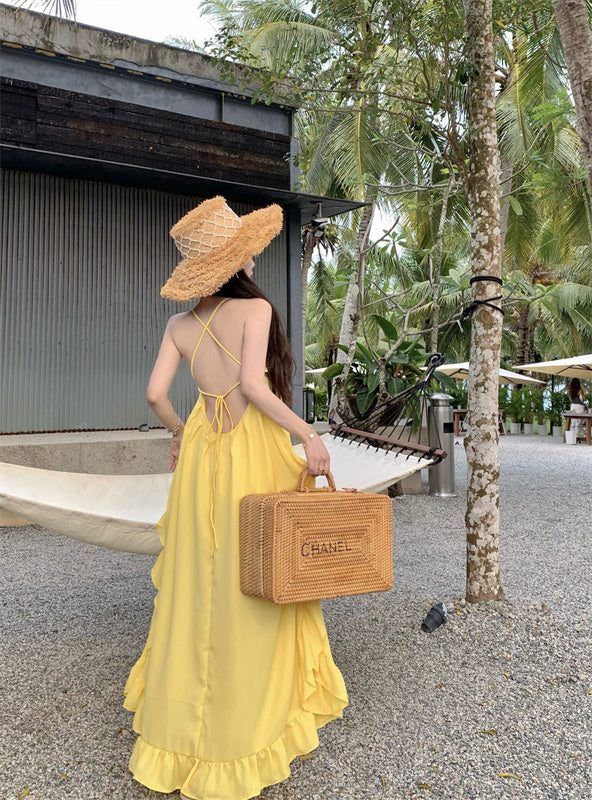 Sweet A-Line Asymmetric Ruffles Hem Maxi Dress Glam Spaghetti Straps Yellow Flowy Crisscross Back Long Dress AP3587