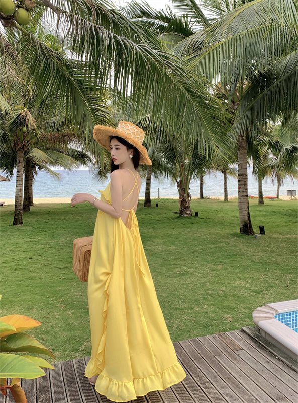 Sweet A-Line Asymmetric Ruffles Hem Maxi Dress Glam Spaghetti Straps Yellow Flowy Crisscross Back Long Dress AP3587