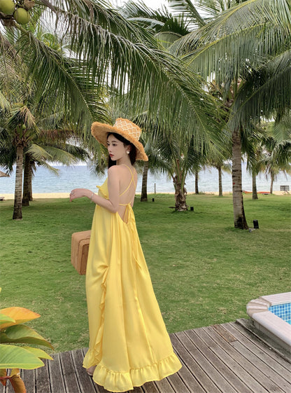 Sweet A-Line Asymmetric Ruffles Hem Maxi Dress Glam Spaghetti Straps Yellow Flowy Crisscross Back Long Dress AP3587