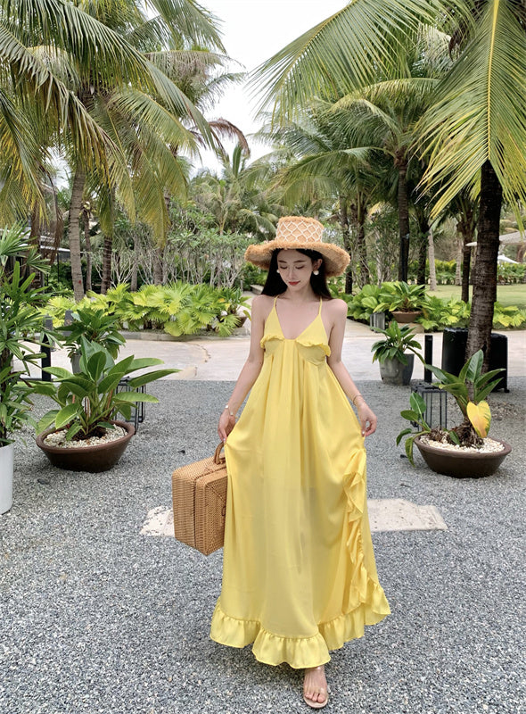 Sweet A-Line Asymmetric Ruffles Hem Maxi Dress Glam Spaghetti Straps Yellow Flowy Crisscross Back Long Dress AP3587