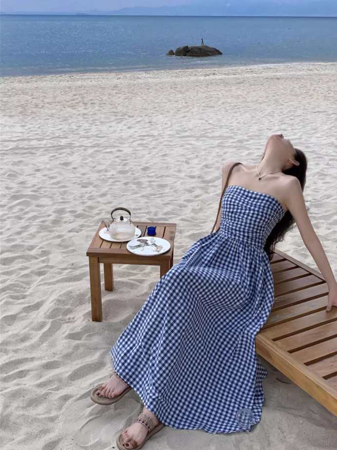 Fantastic A-Line Blue Plaid Maxi Dress Unique Adjustable Spaghetti Straps Cinched Bodice Long Dress AP3588